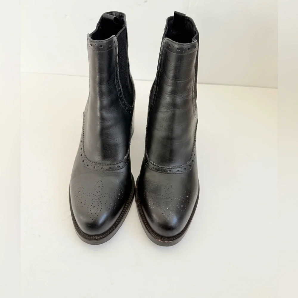 Prada Milano Black Leather Brogue Chelsea Ankle Boots Block Heels EU 39